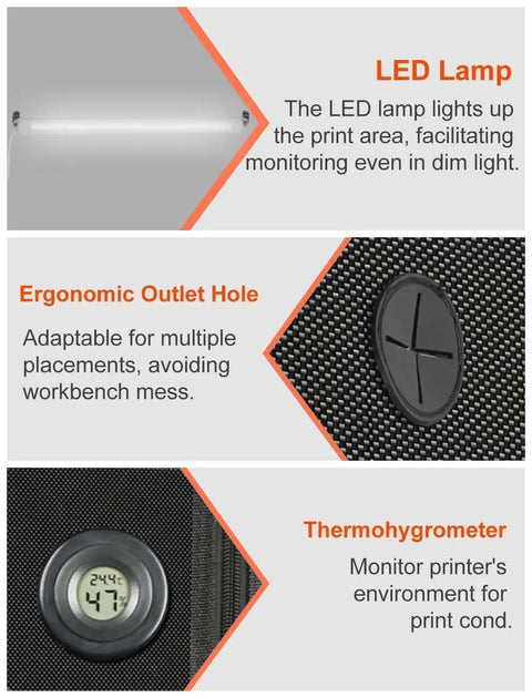LED lamp, outlet hole, and thermohygrometer details for Tough As Nails 3D Printer Enclosure With LED Light For A1 And A1 Mini Fireproof Waterproof Dustproof Tent Noise Reduction Constant Temperature Shield 560x600x680MM Keeps Prints Precise And Warp Free.