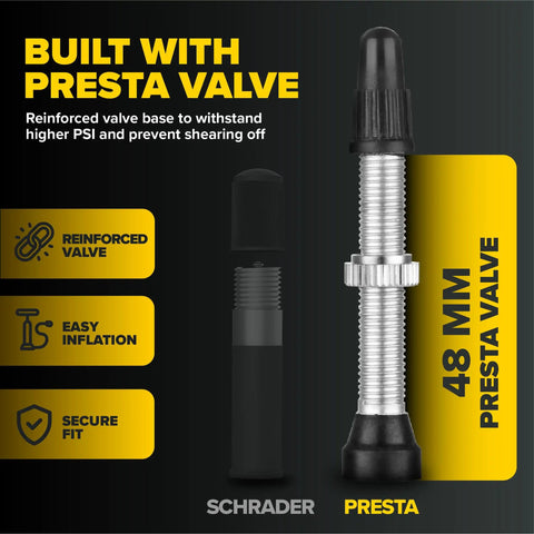 Image of 48mm Presta valve with features highlighted for 2 Pack 700C Bike Inner Tubes With 48mm Presta Valve, Butyl Rubber.