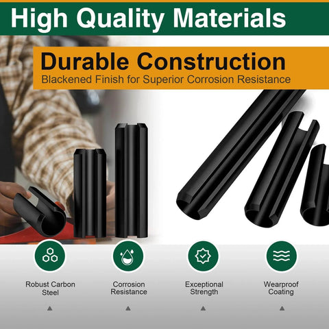 240 Piece Roll Pin Set With Metric Slotted Spring Pins In Sizes M1.5X6 Through M6X30, durable carbon steel, black oxide