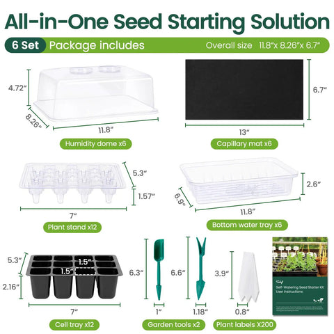 Self Watering Seed Starter Trays With Humidity Domes, Extra Thick Plastic Germination Kit, 6 Pack 144 Cells For Veggies, Herbs And Flowers, Includes Capillary Mats, Stands, And Plant Labels