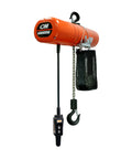 Pro Grade Electric Chain Hoist With 4000 Lb Capacity And 10 Foot Lift in orange with a control pendant and hook.
