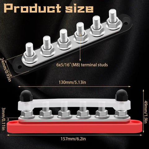 Heavy Duty 250A Marine Bus Bar 12 To 48 Volt Power Distribution Block showcasing six 5/16 inch studs with size details.