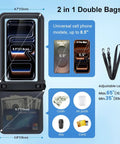 Diagram showing Floating Waterproof Phone Pouch 2 Pack With Adjustable Lanyard IPX8 Waterproof Case for various items and phone size