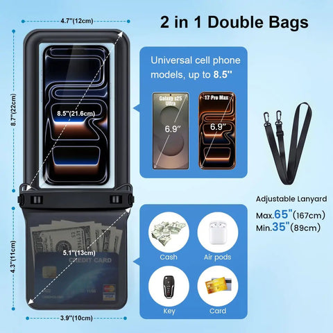 Diagram showing Floating Waterproof Phone Pouch 2 Pack With Adjustable Lanyard IPX8 Waterproof Case for various items and phone size