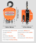 VEVOR hand chain hoist, orange, 3-ton capacity with galvanized G80 chain, front and side views.