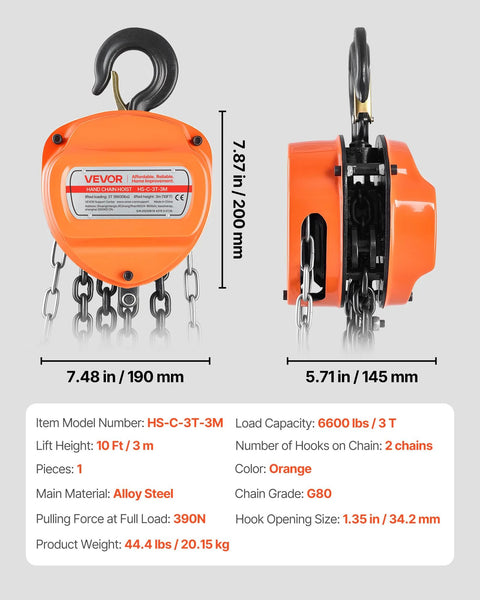 VEVOR hand chain hoist, orange, 3-ton capacity with galvanized G80 chain, front and side views.