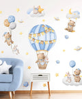 Blue Hot Air Balloon Wall Stickers With Cute Cartoon Bear And Rabbit, Stars And Planets Peel And Stick Decals For Nursery