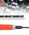 Half Inch Drive Hand Impact Driver Set With Six Impact Bits used for loosening bolts in auto repairs, featuring a red handle tool.