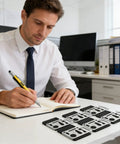 A man at a desk writes with the Six In One Screwdriver And Tool Pen Kit, featuring a yellow pen with interchangeable bits.