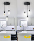Sleek 3 Light Cluster Pendant In Black With Clear Glass Shades Adjustable Vintage Hanging Light For Kitchen Island Dining Room Foyer And Hallway E26 Base Fixture showing on and off states over kitchen island.