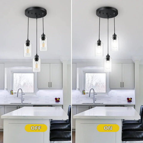 Sleek 3 Light Cluster Pendant In Black With Clear Glass Shades Adjustable Vintage Hanging Light For Kitchen Island Dining Room Foyer And Hallway E26 Base Fixture showing on and off states over kitchen island.