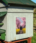 Vintage Steam Train Tin Sign With Cherry Blossom Tunnel And Yellow Wildflowers, 8x12 Inch Metal Plaque on outdoor structure.