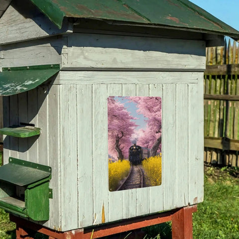 Vintage Steam Train Tin Sign With Cherry Blossom Tunnel And Yellow Wildflowers, 8x12 Inch Metal Plaque on outdoor structure.