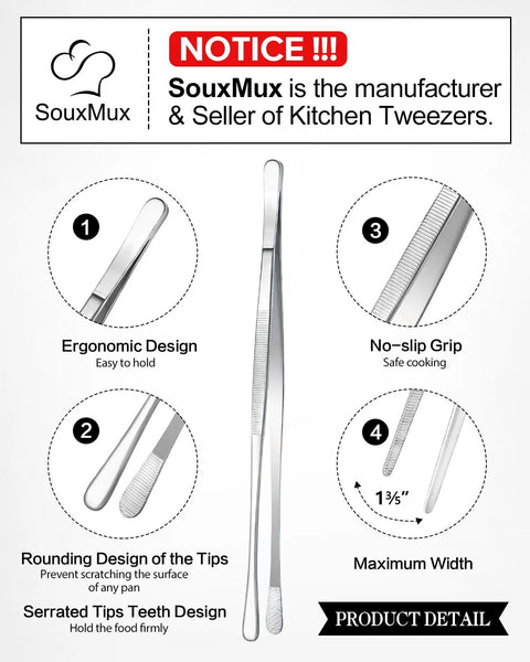 Two Pack 12 Inch Cooking Tweezers Tongs With Precision Serrated Tips Stainless Steel Chef Tweezers ergonomic design detail