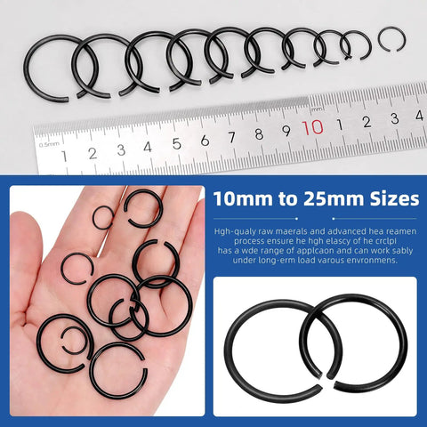 All In One Round Wire Snap Ring Kit 151 Pcs 10mm To 26mm Internal C Clips Assortment For Shafts With Clear Carry Case 10 Sizes Durable 65Mn Metal Retaining Rings displayed with ruler and hand for scale.