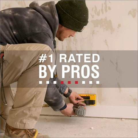 Person using Pro Grade Stud Finder With 13 Patented Sensors, 1.6 Inch Deep Scan, Full Width LED Display Shows Stud Center And Edges