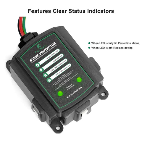 36,000 Amp Whole House Surge Protector For 120/240V with LED status indicators, black compact design, indoor/outdoor use.