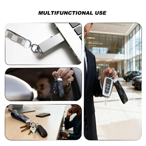 Two Pack Premium Leather Keychain Set for Cars and EDC shown in car, office, and public space use