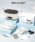 Heavy Duty Portable Ultrasonic Jewelry And Eyeglasses Cleaner Featuring A Slick Stainless Steel Tank with included accessories on display.