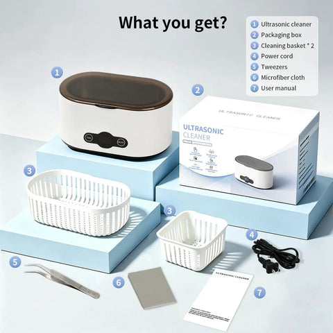 Heavy Duty Portable Ultrasonic Jewelry And Eyeglasses Cleaner Featuring A Slick Stainless Steel Tank with included accessories on display.