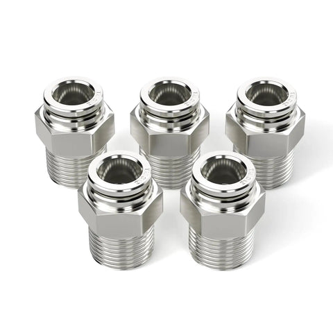 Premium 304 Stainless Steel Push To Connect Fittings, Male Straight Three Eighths Inch Tube OD To One Half Inch NPT Thread, 5-pack