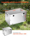 Hella Durable Aluminum Battery Box Fits Group 24 And 31 Marine Trolling Motors With Cool Airflow And Rust Proof Shield showing dimensions and design on grass.