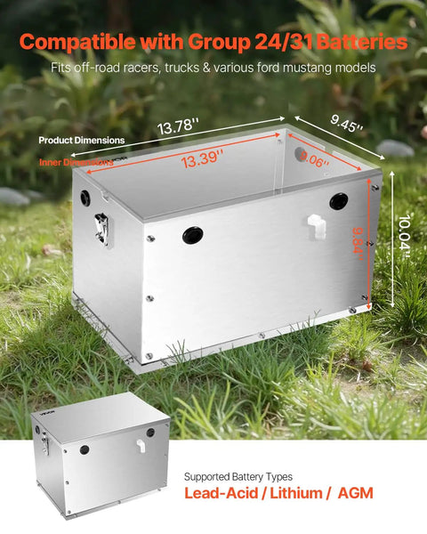 Hella Durable Aluminum Battery Box Fits Group 24 And 31 Marine Trolling Motors With Cool Airflow And Rust Proof Shield showing dimensions and design on grass.
