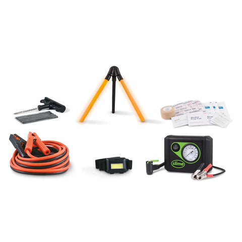 Emergency Roadside Kit For Moto And Off Road On The Go With Flat Tire Repair And Booster Cables Ride Ready 34 Piece Compact Kit items displayed