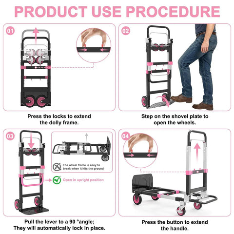 Product use procedure for Premium 3 In 1 Convertible Folding Hand Truck Dolly Cart With Heavy Duty Steel Frame And Smooth Rolling Rubber Wheels Kickass Strength Built Like A Tank Pink Ready To Roll Anywhere.
