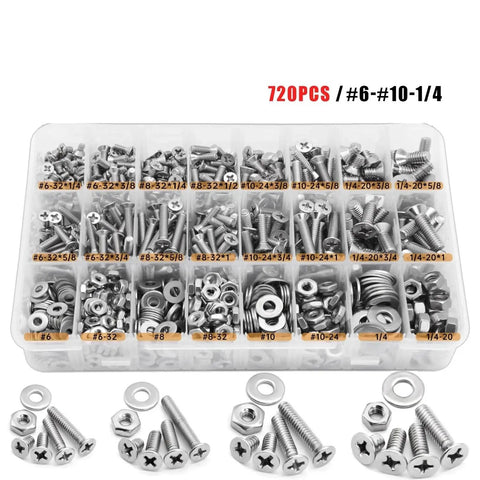 All In One 720 Piece 304 Stainless Steel Machine Screws And Nuts Kit With Flat Head And Cross Head Bolts For DIY Projects A Super Handy Long Lasting Fastener Set That Covers A Wide Range Of Repair And Assembly Needs. 720-piece 304 stainless steel screw and nut assortment in labeled organizer tray
