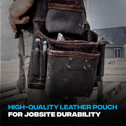 Oil Tanned Leather Tool Pouch Belt Bag Built For Tough Jobs With Double Stitching And Two Layer Construction, Heavy Duty Fastener Pouch For Chalk Line, Tape Measure, Hammer, Crowbar And More