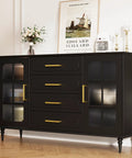 Wooden dresser with 30 Pack 5 Inch Gold Brushed Stainless Steel Cabinet Handles Square Bar Drawer Pulls For Kitchen And Bathroom Cupboards Modern Hardware Includes 25mm And 45mm Mounting Screws Center To Center 128mm Overall Length 140mm installed, featuring a black finish.