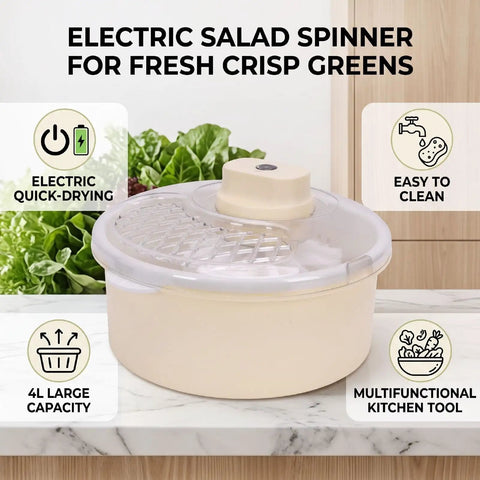 Straight Up Game Changer Electric Salad Spinner With Rapid Drain Tech on countertop, 4L capacity for quick-drying greens.