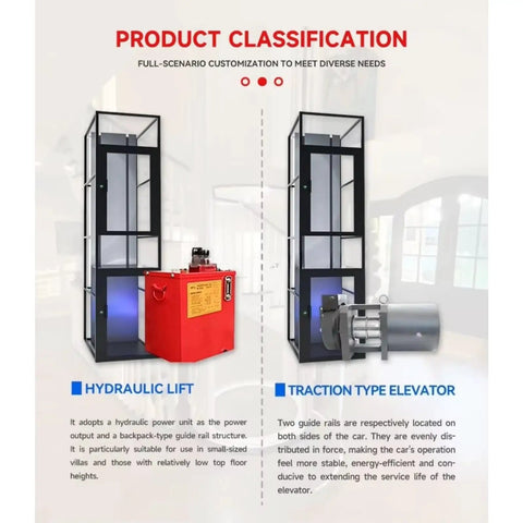 Hassle Free Residential Home Elevator No Pit Or Machine Room For Existing Homes with hydraulic lift and traction type details.