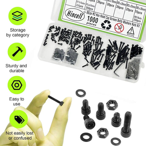 1000Pcs M3 Screws Kit With M3x6mm, M3x8mm, M3x10mm, M3x12mm, M3x16mm, M3x20mm, M3x25mm, M3x30mm Hex Socket Head Bolts 12.9 Grade