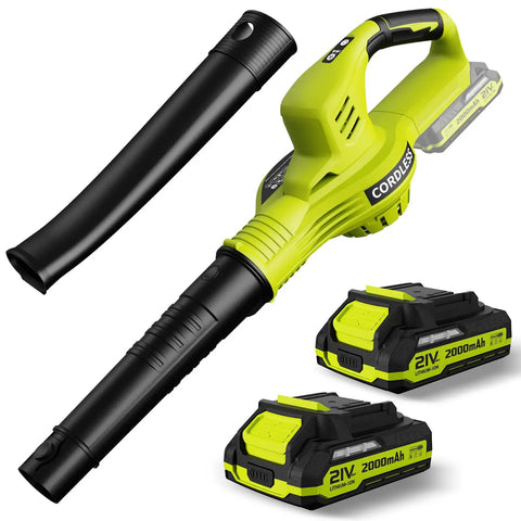 Cordless 21V Leaf Blower With Dual 2.0Ah Batteries and Charger, featuring lightweight design and two speed settings