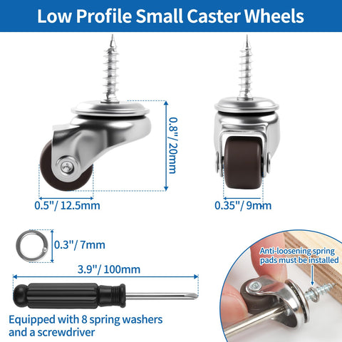 One Half Inch Small Caster Wheels Single Screw Mounting, side and front view, 0.8 in height, tools included