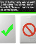 Comparison showing compatible flat card and incompatible clamshell card for RFID Blocking Secure Badge Holder Duolite 2 Card ID.