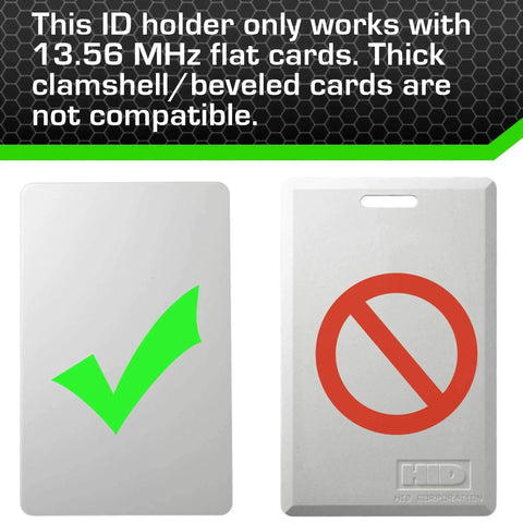 Comparison showing compatible flat card and incompatible clamshell card for RFID Blocking Secure Badge Holder Duolite 2 Card ID.