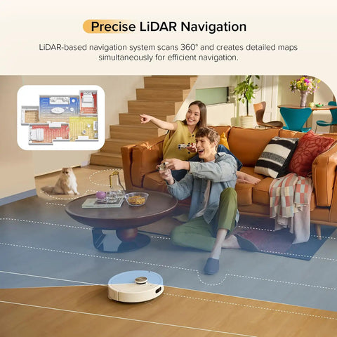 Q7 M5 Smart Vacuum And Mop Combo With 10,000 Pa HyperForce Suction App Control LiDAR Navigation cleaning in living room.