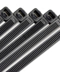 Close-up of black nylon zip ties, 10 inch, 6mm wide, part of a pack of 100 for cable management, DIY projects, and secure tie downs.