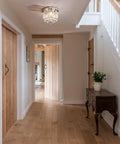 Crystal Chandelier 3 Light LED Flush Mount In Chrome in a hallway; modern mini ceiling pendant, real crystal glass, 9.8 inch diameter.