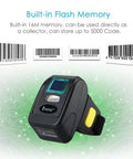 Ring Wearable 1D Barcode Scanner For Hands Free Scanning Bluetooth 2.4G Wireless Or USB Wired Mini Bar Code Reader Compatible With iPhone iPad Android Tablets showing built-in flash memory feature.