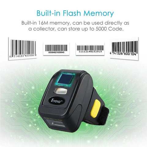 Ring Wearable 1D Barcode Scanner For Hands Free Scanning Bluetooth 2.4G Wireless Or USB Wired Mini Bar Code Reader Compatible With iPhone iPad Android Tablets showing built-in flash memory feature.
