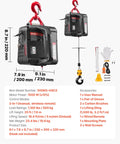 VEVOR 2-in-1 electric hoist winch shown in front and side views; black housing, red hook, wired remote included