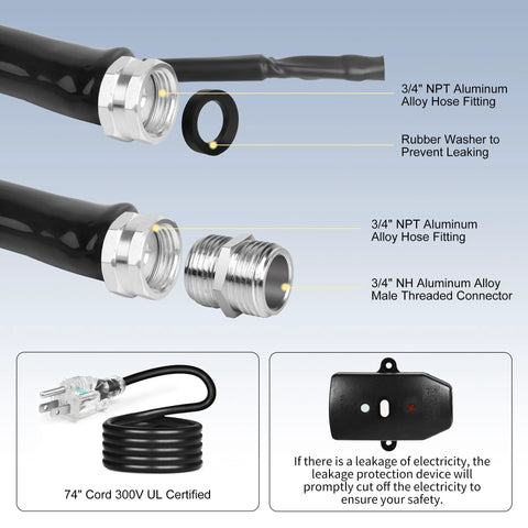 XPORTION RV heated water hose, 25 ft, black silicone hose with 3/4 in NPT aluminum fittings and leakage protection, UL-certified 74 in cord