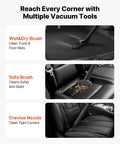 Image showing Wet&Dry Brush, Sofa Brush, and Crevice Nozzle used with 8 Gallon Wet Dry Shop Vacuum With 4.5 Peak HP Portable Grab And Go Power One Button Self Cleaning Dual Filter System 900W Input Power 1.25 Inch By 7 Foot Hose 9.8 Foot Cord Built For Jobsite Garage Workshop Or Home Cleanup.