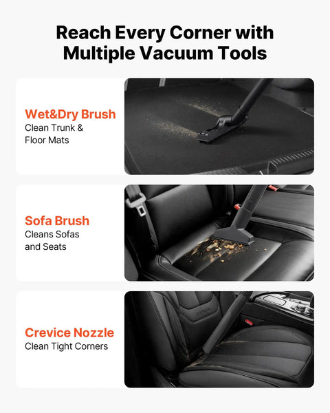 Image showing Wet&Dry Brush, Sofa Brush, and Crevice Nozzle used with 8 Gallon Wet Dry Shop Vacuum With 4.5 Peak HP Portable Grab And Go Power One Button Self Cleaning Dual Filter System 900W Input Power 1.25 Inch By 7 Foot Hose 9.8 Foot Cord Built For Jobsite Garage Workshop Or Home Cleanup.