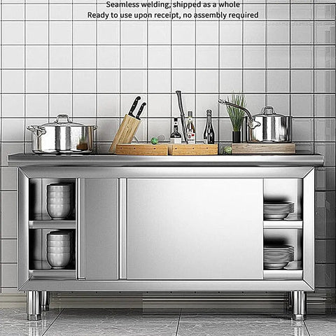 Heavy Duty Stainless Steel Prep Table With Smooth Slide Storage Cabinet, Commercial Kitchen Workbench Built Tough For Restaurants Hotels And Garages, No Fuss Cleaning Surface, 180X80Cm with pots and knives.