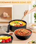 New 3 In 1 Microwave Ramen Cooker Bowl With Lid For Instant Soup Pasta And Rice Maker in black, shown with chopsticks and meals.